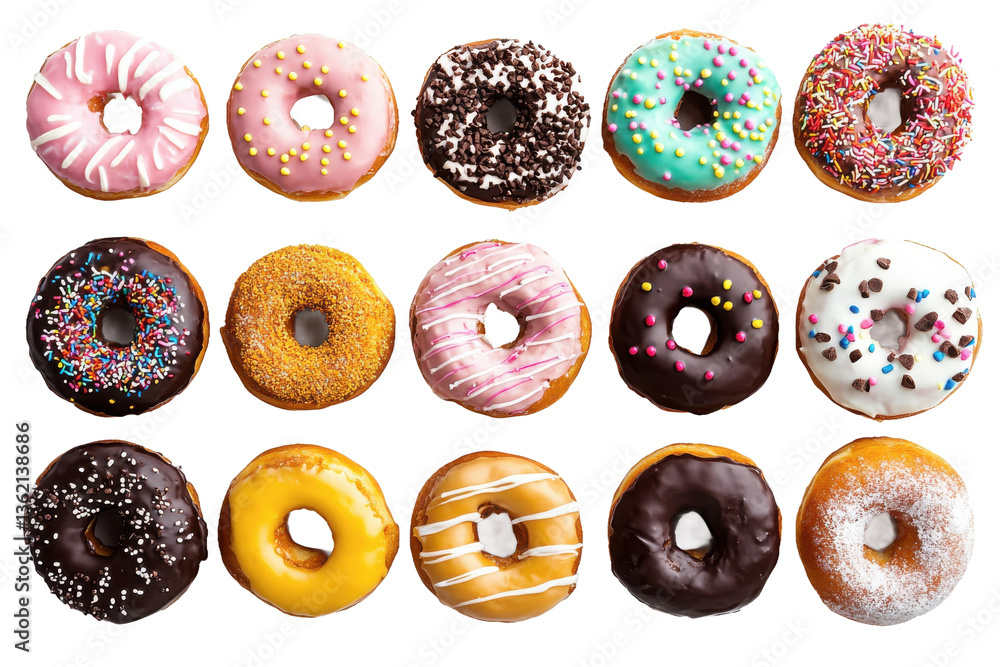 Aufkleber an overhead shot of fifteen assorted donuts arranged in neat rows on a solid gray background surface