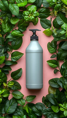 Bottle surrounded by green foliage on pink background