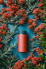 Bottle surrounded by red berries and leaves on dark background, overhead shot