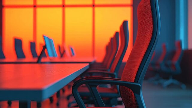 Modern office chairs beside a conference table, vibrant lighting.