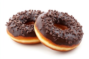 Two Chocolate Frosted Donuts with Sprinkles on a White Background