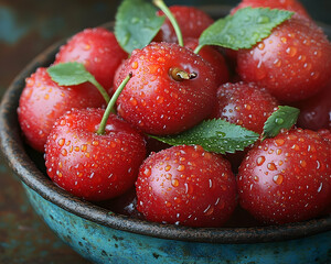 Bowl of ripe red cherries with fresh green leaves and water droplets