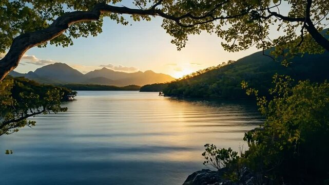 A picturesque bay at dusk, with mangroves framing the view and soft light reflecting off the calm waters.