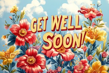Get well soon greeting card with beautiful colorful flowers, AI Generated