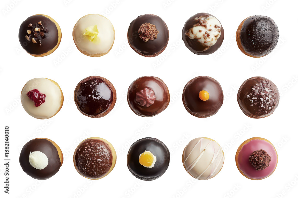 Aufkleber a collection of fifteen mini donuts with various toppings arranged on a gray background in a grid pa
