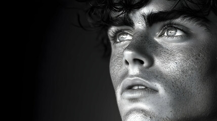 Boy's face with freckles and curly hair looking up