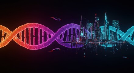 Obraz premium Pulsating Neon RNA Helix Transforming into Futuristic Cityscape