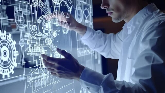 A robotics engineer testing a mechanical arm, with 3D blueprints and gears floating in a multi-layered effect.