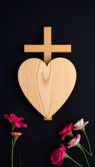Obraz premium Handcrafted wooden cross and heart on dark background, sympathy card concept, peaceful, mourning