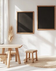 Minimalist kids' room with wooden table, chairs, stool, pampas grass, and two blank frames.