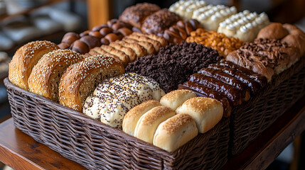 Breads & pastries, filled with various toppings in a basket on a wooden table