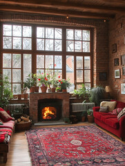 Brick apartment with large window, plants, fireplace, red rug, couch, and rustic wooden accents
