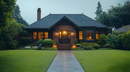 Brick home with lawn and path, lights glowing at dusk, chimney in view