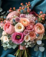 Bridal bouquet with pink, peach, and blue accents, against a soft blue fabric backdrop