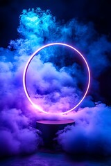Neon Circle on Podium, Smoky Background