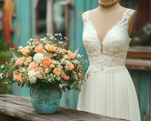 Bridal dress on a mannequin near a floral arrangement against a weathered background