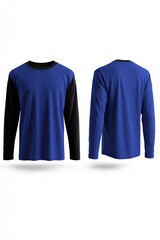 This mockup features a royal blue long-sleeve t-shirt in front and back views, ideal for clothing design presentations. It showcases a blank design, emphasizing fabric quality and fit