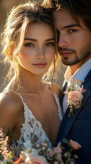 Bride and groom embracing Romantic, intimate, bright, and outdoors