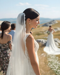 Bride faces away at outdoor wedding ceremony, with guests and landscape background