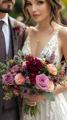 Bride holds bouquet with groom Delicate gown, florals, wedding attire