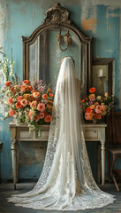 Bride in gown stands before mirror with flowers