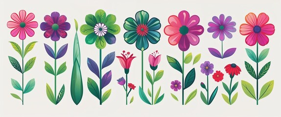Colorful Stylized Flowers on White Background - Artistic Beauty