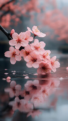Blooming pink flowers reflect in water, against a blurred, ethereal background