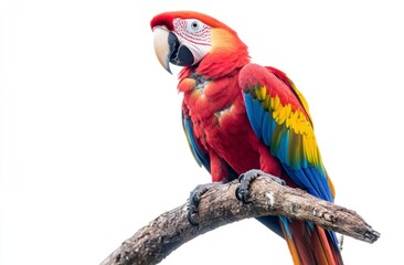 Fototapeta premium Scarlet Macaw Parrot Perched on Branch Showing Vibrant Feathers in Studio
