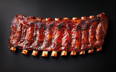 Close-up overhead shot of barbecue ribs glazed with a shiny, dark brown sauce, set against a black background