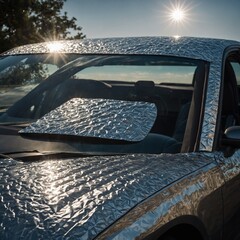 A car sunshade made from thermal reflective material, reflecting heat and preserving a cooler cabin.


