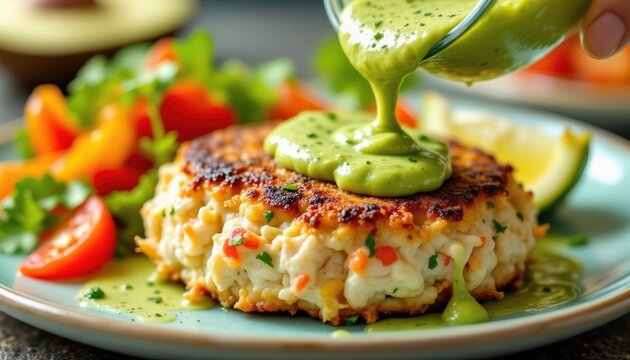 Delicious crab cake topped with green sauce and fresh salad  