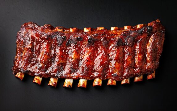 Close-up overhead shot of barbecue ribs glazed with a shiny, dark brown sauce, set against a black background