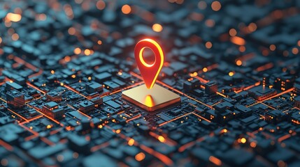 A vibrant digital map with a glowing location pin, symbolizing navigation and connectivity in a tech-driven landscape.