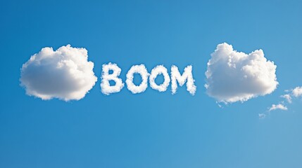 Fototapeta premium Beautiful fluffy clouds spell out the word BOOM in a clear azure sky, creating a striking visual effect during the midday sun. The atmosphere feels vibrant and energetic