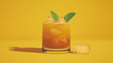 Refreshing iced cocktail with mint and ice cubes on yellow backdrop