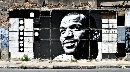 A Black and White Mural Displays A Smiling Face Portrait
