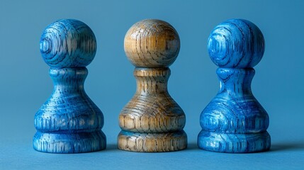 Three different colored wooden figures lined up
