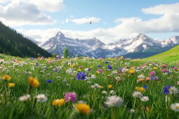Fototapeta premium A vibrant meadow filled with colorful wildflowers, surrounded by majestic mountains under a clear blue sky.