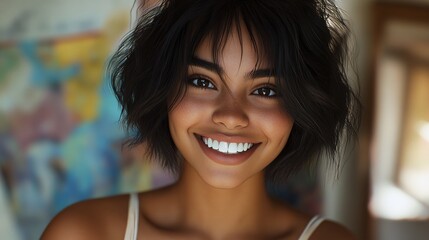 Indoor portrait of beautiful brunette young dark-skinned woman with shaggy hairstyle smiling cheerfully, showing her white teeth to camera while feeling happy and carefree on her first day-off