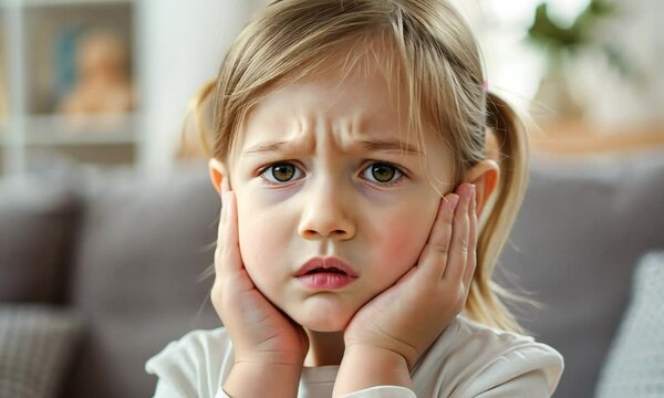 sad little girl in pajamas suffers from pain and inflammation in ear on background home interior with copy space. Concept of otitis and ear pain in children. ear infection causes ear pain in child