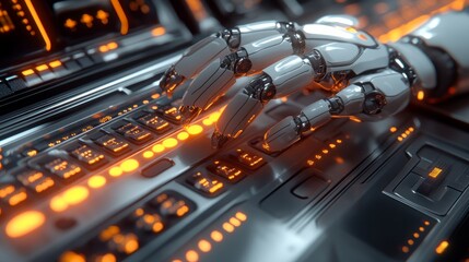 Futuristic spaceship interior with glowing light strips, robotic arms, and multi-functional workstations 