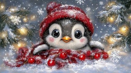 Cute penguin in red hat and scarf amidst snow and cherries.
