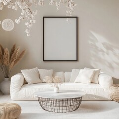 Minimalist living room interior with beige sofa, coffee table, and blank frame.