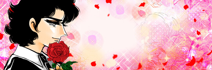 微笑む黒髪パーマイケメン男性が薔薇のブーケを手に持って求婚する昭和少女漫画風イラストと薔薇の花園背景