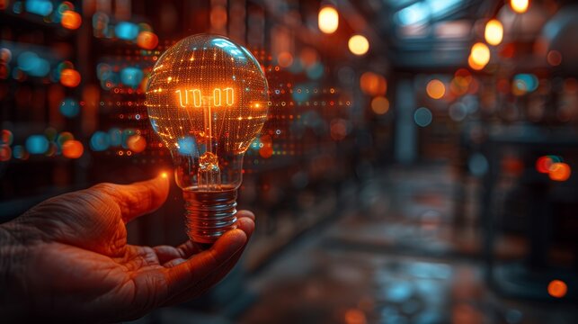 Hand Holding Glowing Light Bulb With Digital Overlay, Server Room Background, Innovation Concept
