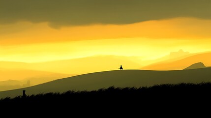 Fototapeta premium A solitary figure traverses a hilly landscape under a sunset sky