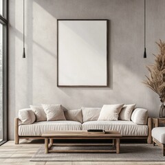 Minimalist living room interior with beige sofa, wooden coffee table, and large blank frame on textured wall.