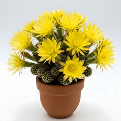 A cactus in a terracotta pot with a bouquet of bright yellow flowers on a white background. 