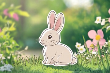 Fototapeta premium An adorable cartoon rabbit sitting peacefully among colorful flowers, representing innocence and the charm of nature in a lighthearted scene full of joy.