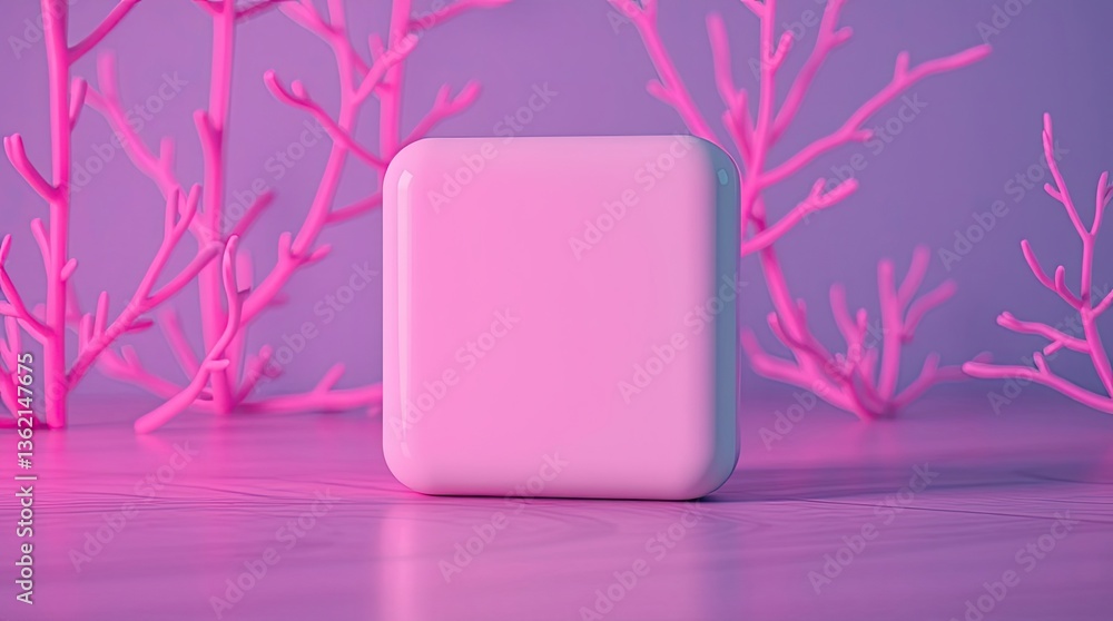Poster pink square shape surrounded by branch like structures on surface